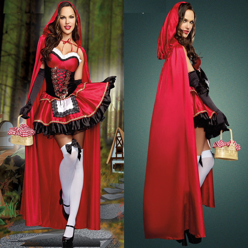 Women Little Red Riding Hood Costume Fancy Adult Halloween Cosplay Fantasia Carnival Fairy Tale Girl Dress+Cloak Women Party Set