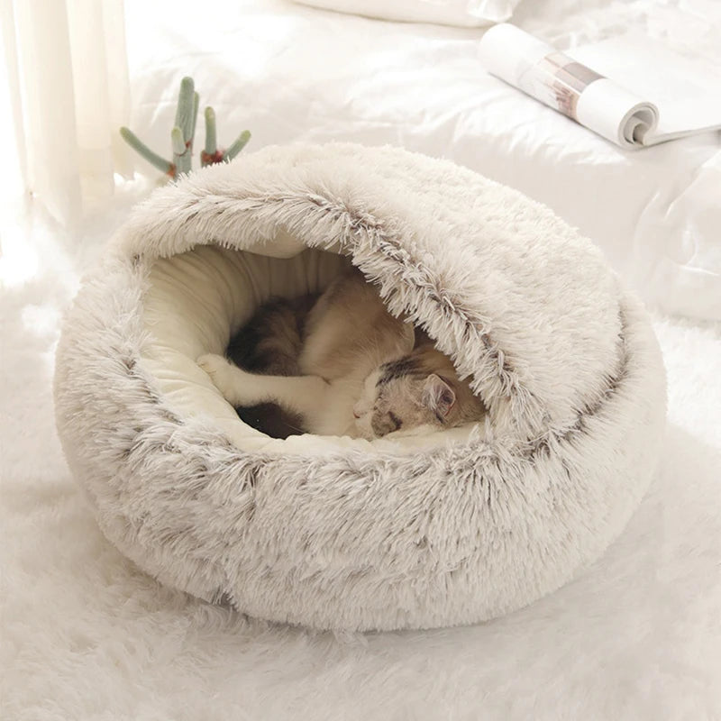 Cama de felpa suave para mascotas con funda, redonda, colchón para mascotas, cálida, nido para dormir para perros pequeños y gatitos.