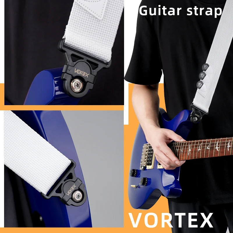 Correa de guitarra VORTEX. Cierre antidesenganche, firme, cómodo y rápido, ideal para guitarras eléctricas y bajos.