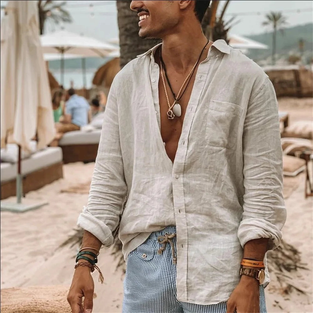 Camisas casuales de algodón y lino para hombre, cuello alto, color liso, manga larga, holgadas, para primavera y otoño, 2024