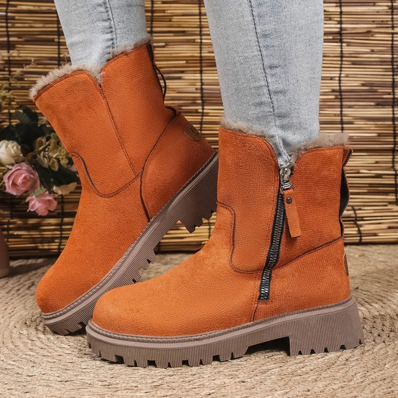 Botas de nieve gruesas de felpa para mujer, botas de invierno antideslizantes de gamuza sintética, zapatos de algodón cálidos para mujer, botines de plataforma cómodos.