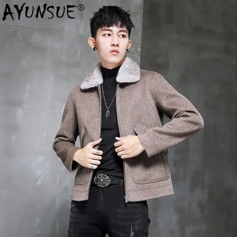 AYUNSUE Spring Autumn Wool Coat Men Double-sided Alpaca Jacket Mink Fur Collar Mens Coats and Jackets Overcoat 1970B KJ3859