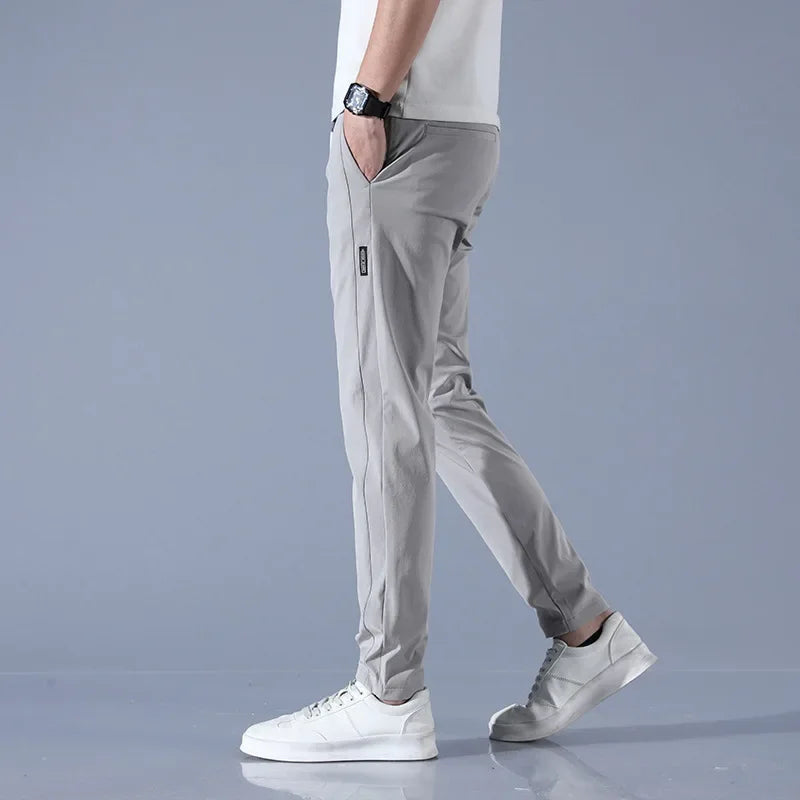 Pantalones casuales de negocios de verano para hombre, ajustados, de pierna recta, holgados, cómodos, de seda helada, transpirables