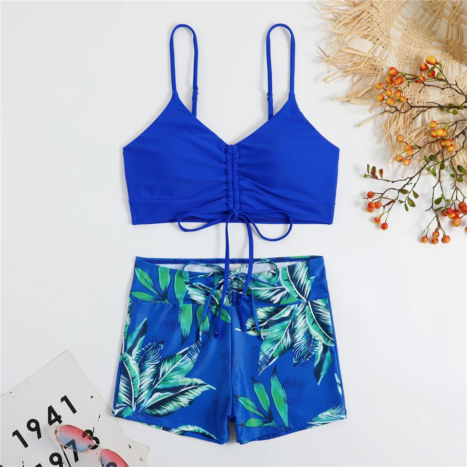 Bikini con cordón y estampado tropical para mujer, traje de baño de cintura alta con lazo frontal, pantalones cortos, traje de baño sexy para mujer, ropa de playa de verano