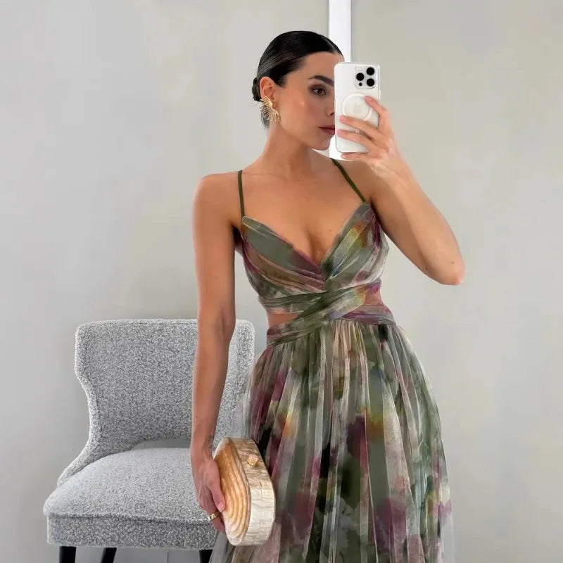 Sexy Hollow Out Party Dress, Women Summer Loungewear Fashion Printing Maxi Dress, Sleeveless Lace-Up Ladies Dress Vestido