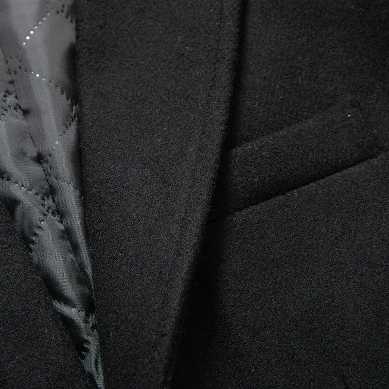 Black Men Wool Long Trench Coat Stylish Single Breasted Quilted Lined Wool Blend Pea Coats Men Winter Cashmere Coat Windbreaker