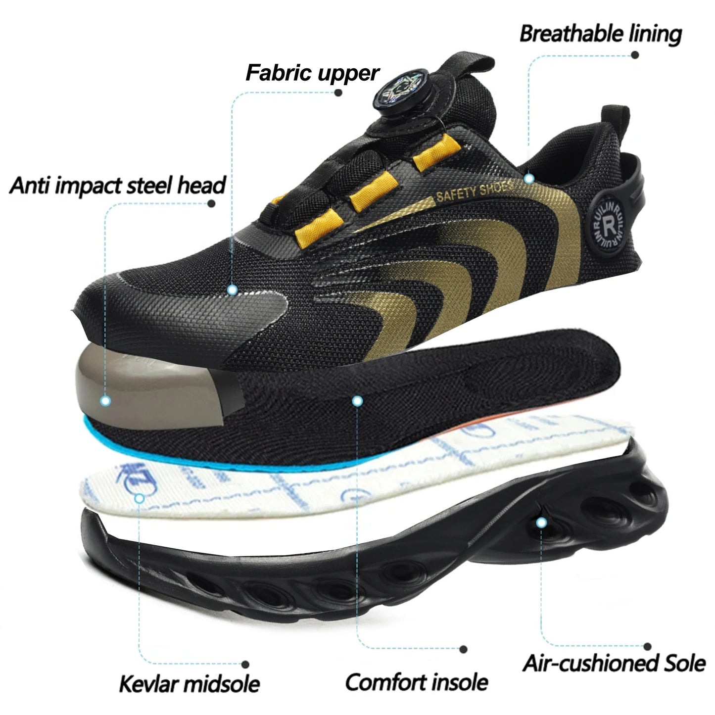 Zapatos de seguridad con botón giratorio para hombre, zapatos de trabajo con puntera de acero, zapatos de trabajo indestructibles y ligeros, zapatillas transpirables.