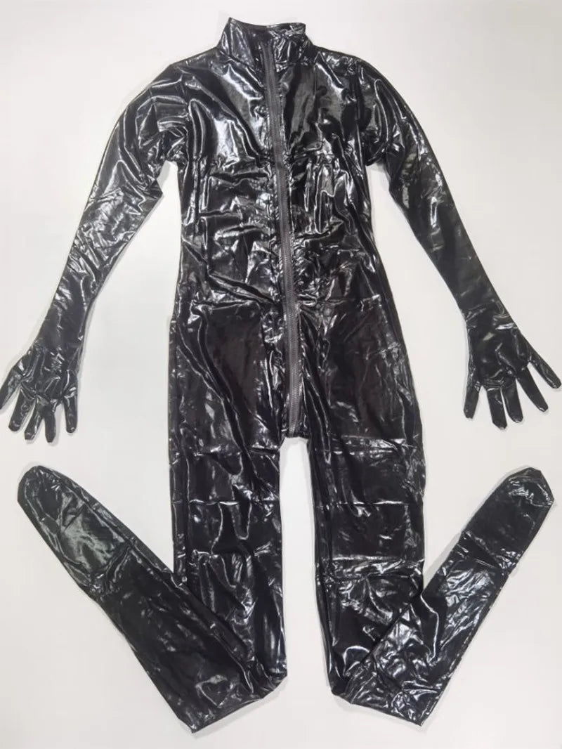 Sexy Cat Womens Jumpsuit Zentai Suit Fancy Dress Shiny Black Wetlook Leather Cat Catsuit Halloween Costumes For Women