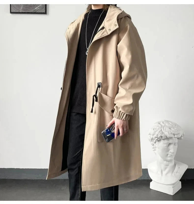 2025 Spring Autumn  Green Windbreaker Fashion Men Mid-length Casual Hooded Coat Men Daily High Street Overcoat Male Clothes