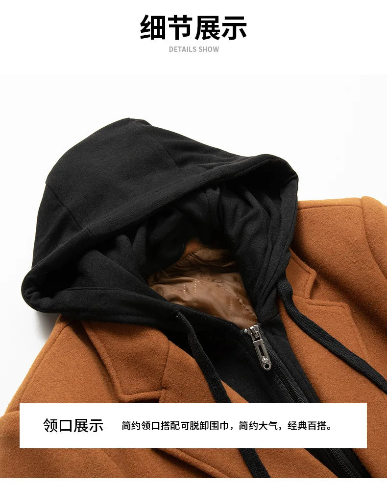 Autumn Winter Men's Wool Trench Coat Fashion Hooded Warm Long Woollen Coats Business Casual Turn Down Collar Woolen Blend Men