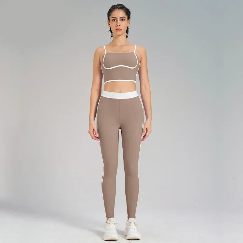 Traje de yoga deportivo para mujer, conjunto de entrenamiento de fitness, color melocotón, con espalda integrada, top de yoga, chaleco de cintura alta, top corto para levantar la cadera, pantalón de yoga para gimnasio