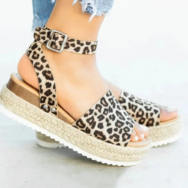 Sandalias de mujer de talla grande, estilo verano 2021, suela gruesa, diseño de hebilla y correa tejida, cómodas cuñas secas de EVA, sandalias romanas