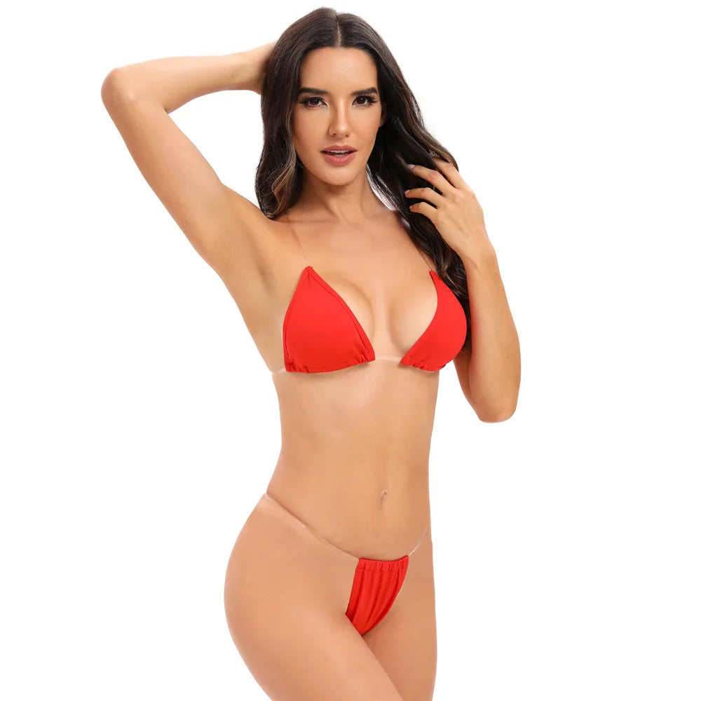 Traje de baño para mujer, bikini sexy transparente con tirantes triangulares, tanga de dos piezas, color sólido, ropa de playa, traje de baño para spa