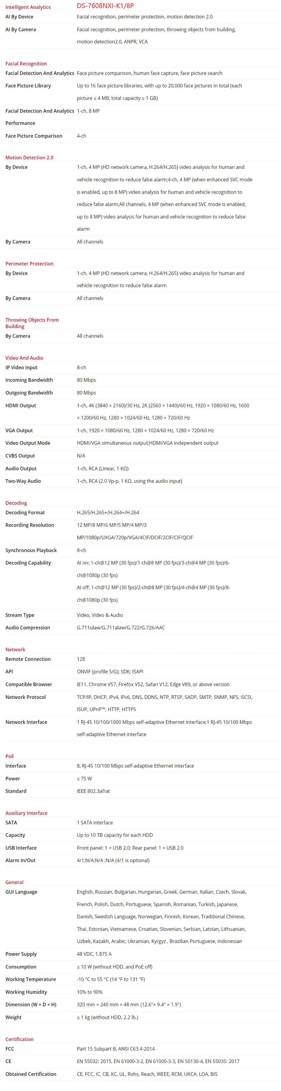 Grabador de vídeo en red Hikvision DS-7604NXI-K1/4P DS-7608NXI-K1/8P 4K 4/8 canales 4/8 PoE Acusense 1 SATA NVR 8MP H.265+ Vigilancia