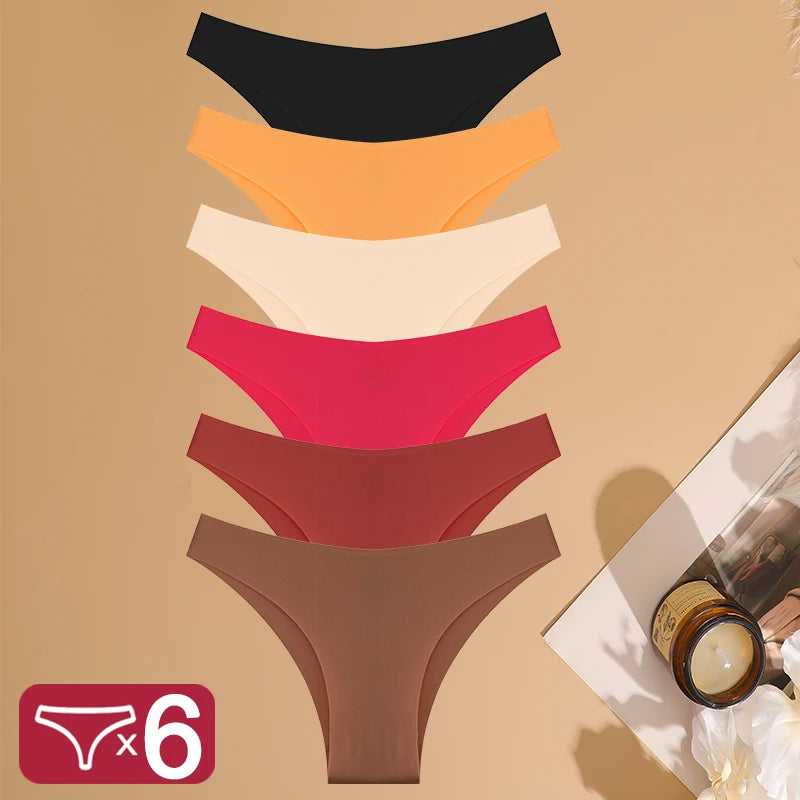 Conjunto de 6 bragas de cintura baja de talla grande, sin costuras, de seda helada, ropa interior sexy para chica, bragas de algodón con entrepierna, pantalones brasileños transpirables.