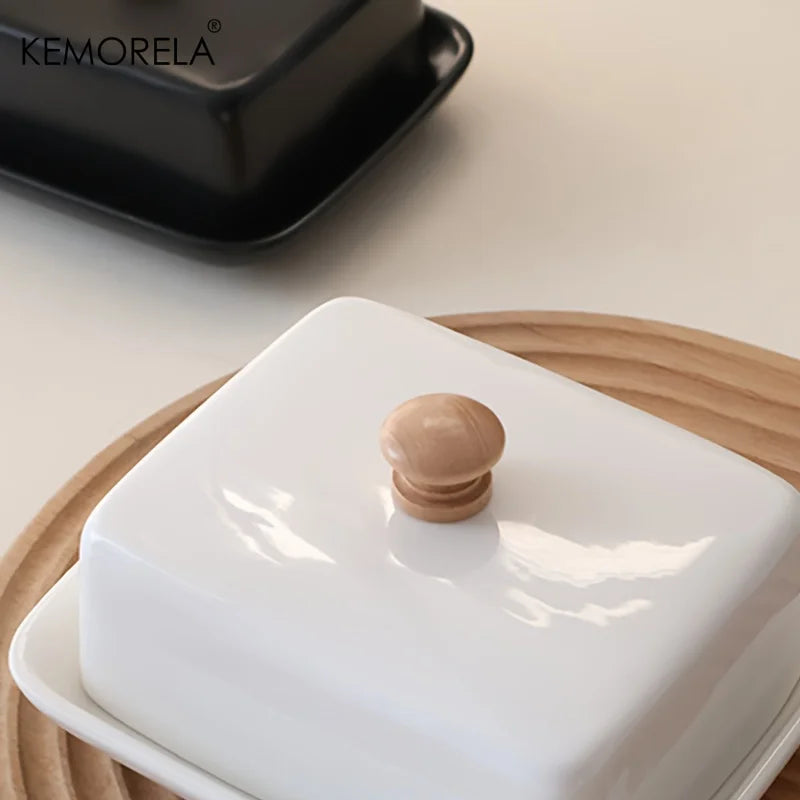 KEMORELA Mantequera de cerámica con tapa, rectangular, sellable, para guardar quesos, de alta gama y elegante para cocina y restaurante.