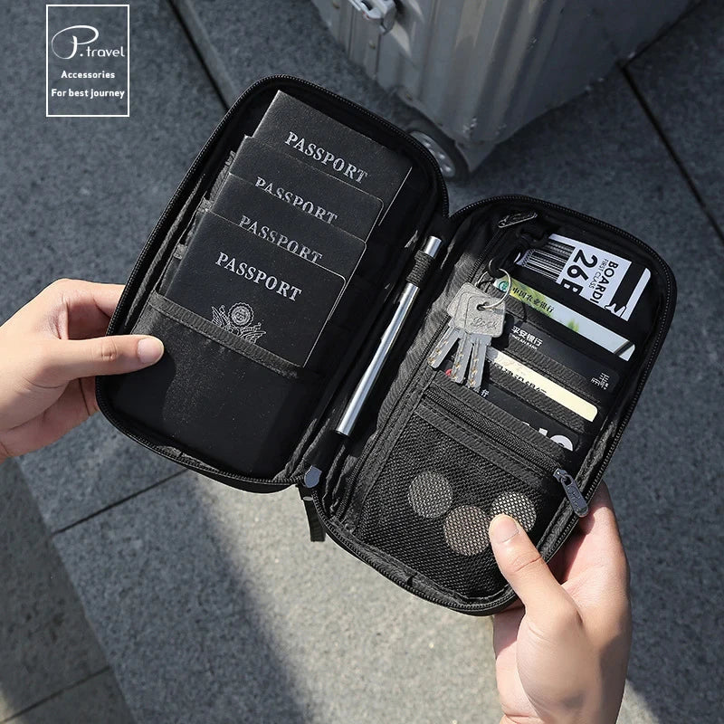 Cartera organizadora para pasaporte de viaje con tarjetero, estuche para documentos, bandolera familiar, bolsa para guardar billetes y efectivo para viajes al extranjero.