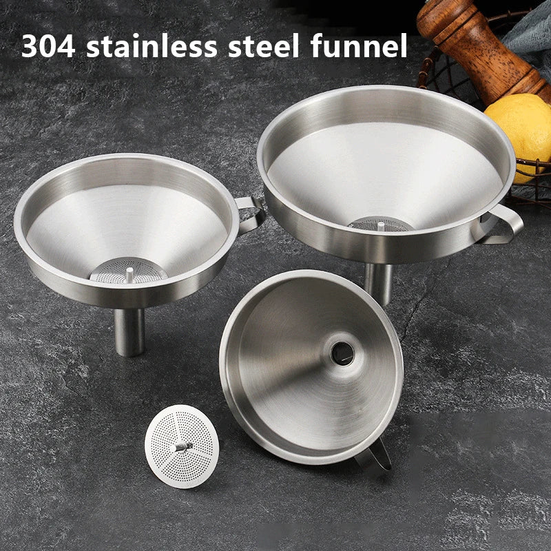 Embudo de acero inoxidable 304 de 10 cm, 12 cm y 14 cm para cocina, dispensador de aceite, vino y líquido con colador extraíble.