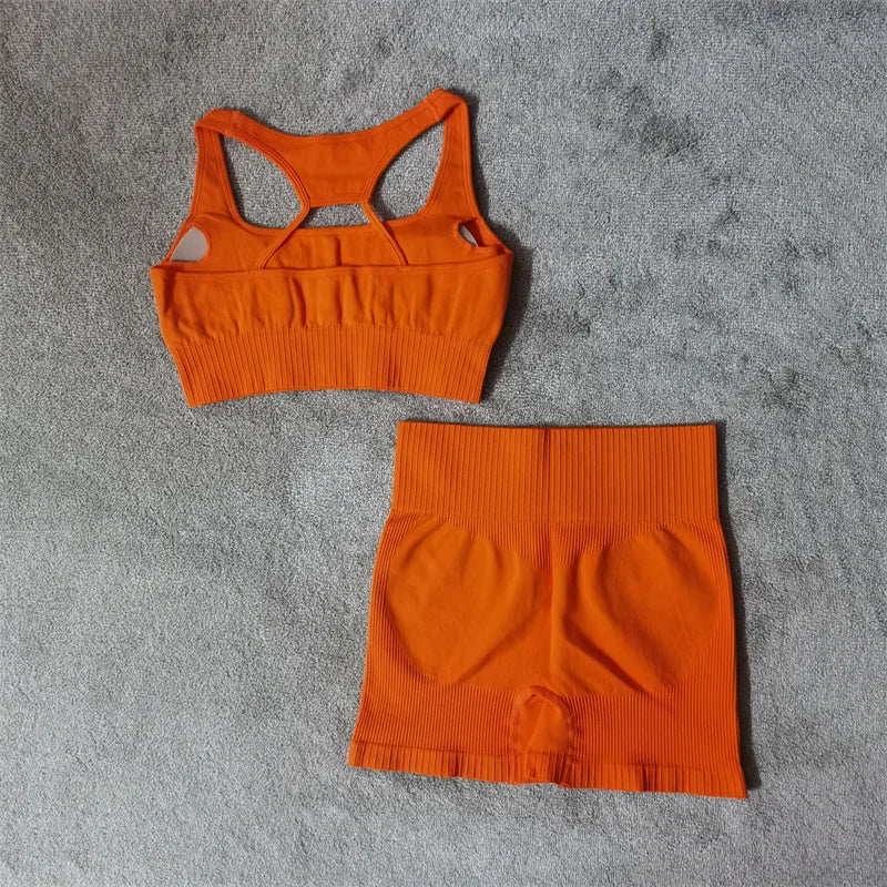 Conjunto de yoga fitness sin costuras para mujer, ropa deportiva de cintura alta, leggings, pantalones cortos de dos piezas, ropa de gimnasio para mujer