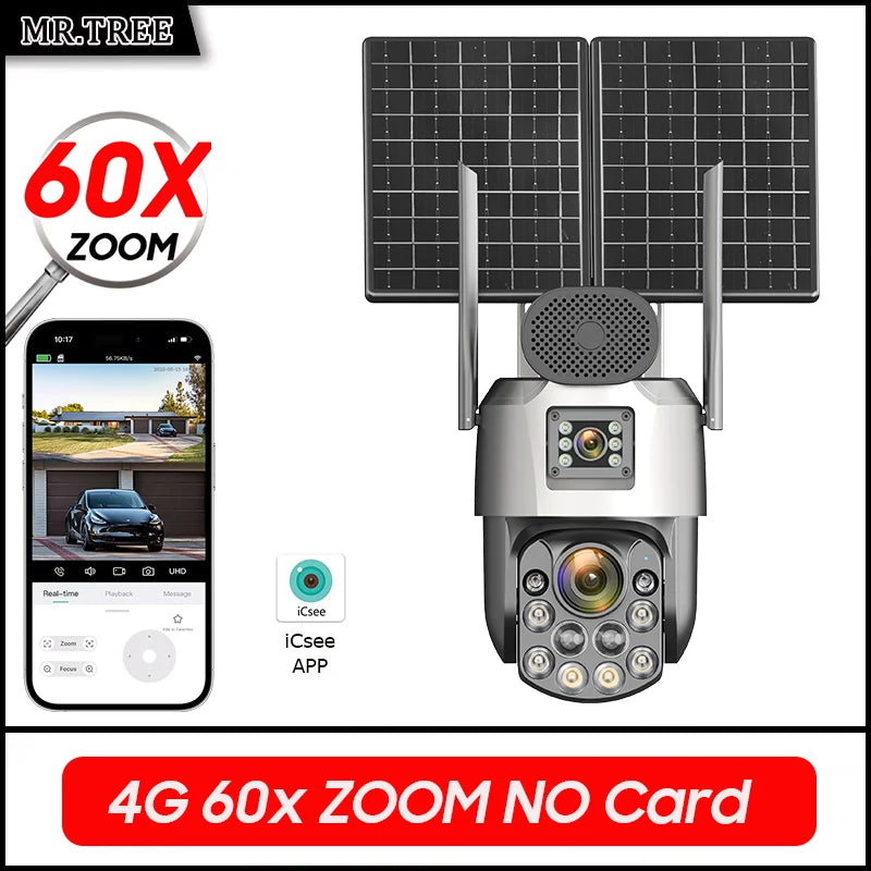 Cámara de vigilancia solar exterior iCsee 4G de 25 W, resolución 4K, zoom óptico 60X, seguimiento automático, batería de 31200 mAh, grabación continua 24/7, cámara IP de seguridad PTZ.