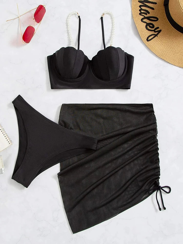 Conjunto de bikini sexy de 3 piezas para mujer, traje de baño con falda, novedad de 2023, bikini push up para mujer, ropa de playa con perlas sintéticas.