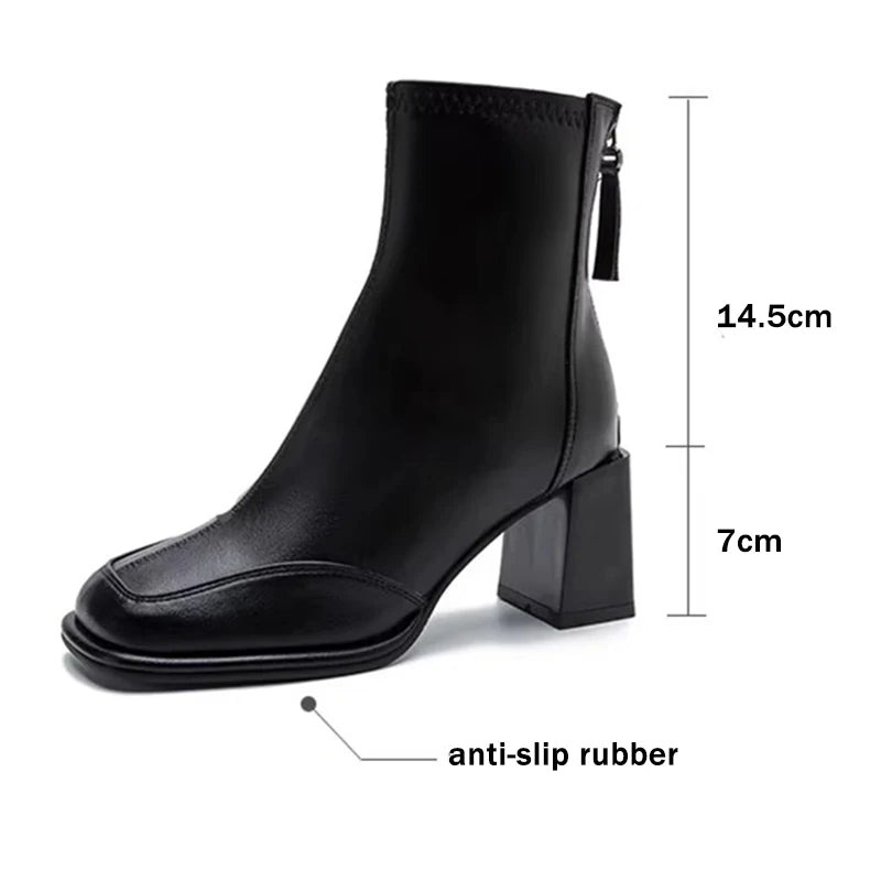British Vintage Square Toe Ankle Boots Women 2025 Autumn Winter Thick High Heel Black Pu Boots Woman Cowboy Short Booties Shoes