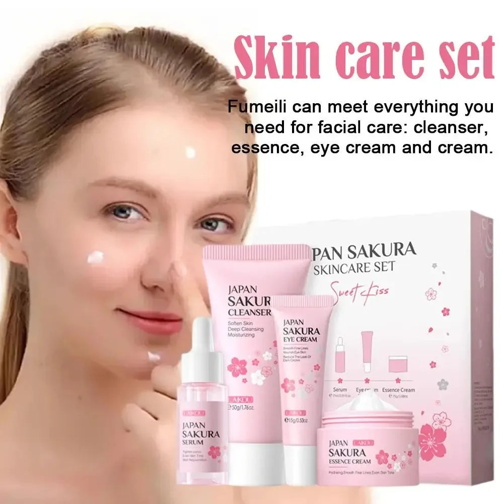 Set de 4 piezas para el cuidado facial: Limpiador, crema Sakura Essence, crema hidratante para ojos, suero facial para mejorar la aspereza y la sequedad de la piel.