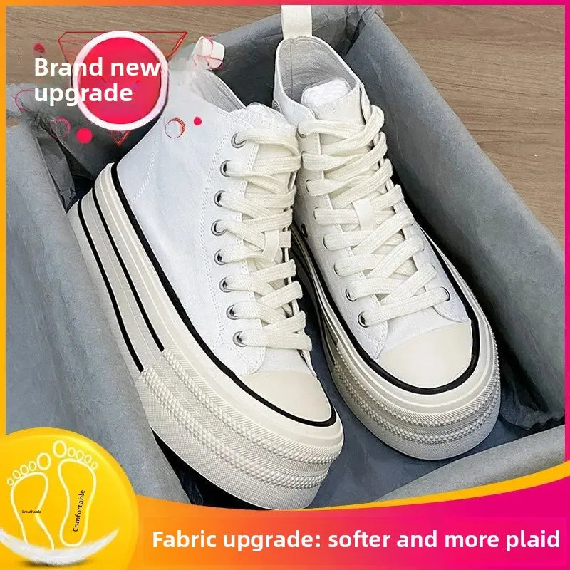 Zapatos de lona altos para mujer, transpirables, con suela gruesa de goma, estilo universitario, versátiles, para verano, color blanco