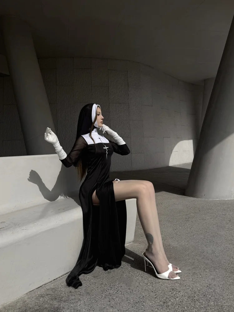 Sexy Anime Nun Cosplay Costume Women Fancy Dress Uniform Halloween Party Adult Madonna Dress Black Fancy Robe Headdress Set 2025