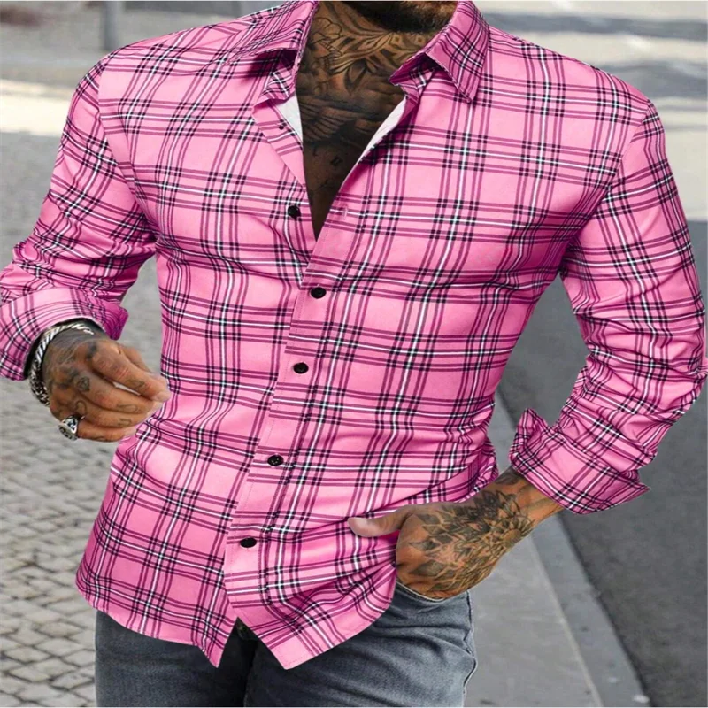 2024 new men's classic striped plaid long-sleeved shirt Men's classic red casual fashion shirt top