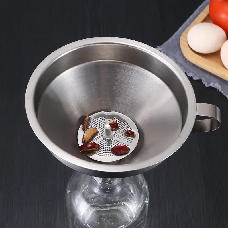 Embudo de acero inoxidable 304 de boca ancha con filtro de malla para aceite de cocina, especias líquidas y utensilios de cocina.