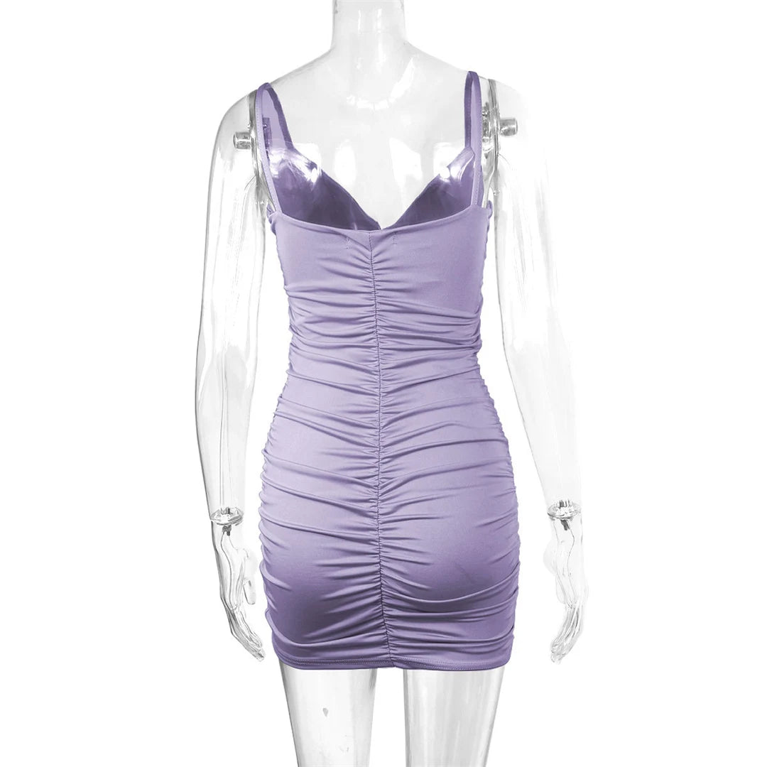 7 Color Sexy Wrinkled Pleated V Neck Sling Dress Short Club Ladies 2025 Summer Bodycon Dress Evening Party Tight Mini Dress D007
