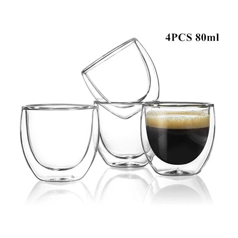 1-6 tazas de té de vidrio de doble pared transparente, hechas a mano, resistentes al calor, para bebidas saludables, café, leche, vasos de chupito aislados, regalo, 80-650 ml