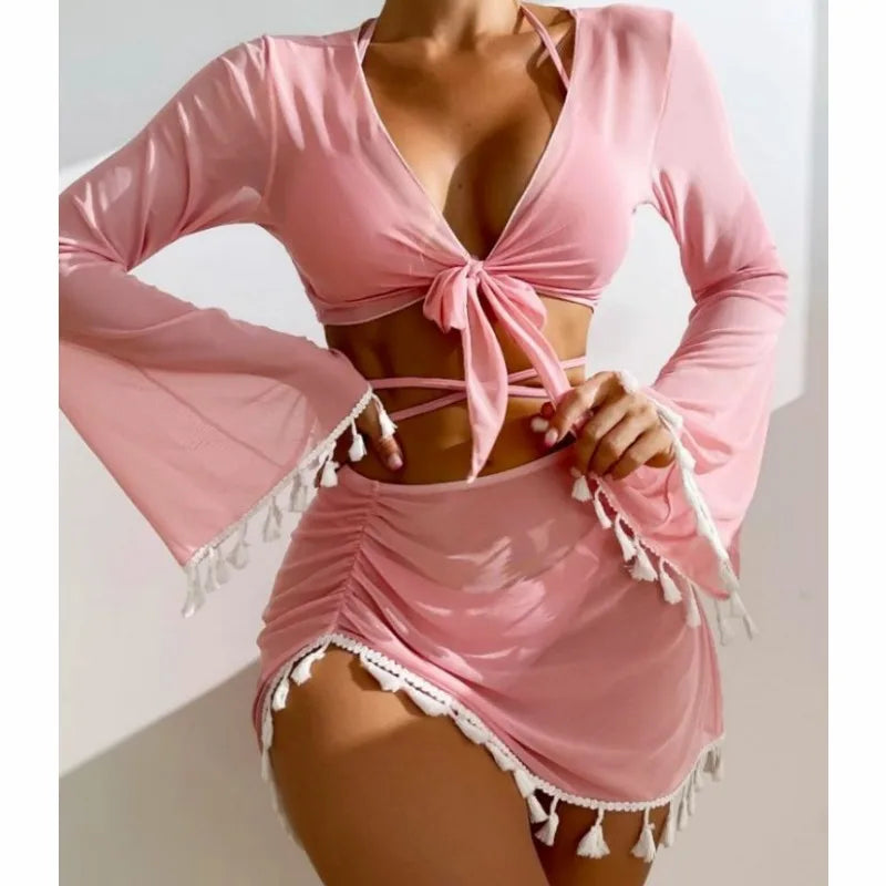 4 Piece Swimming Suit Women Beach Wear Solid Tassel Cover Up Mesh Mini Skirt Bikinis Set Cute Swimming Pool Outfit Summer