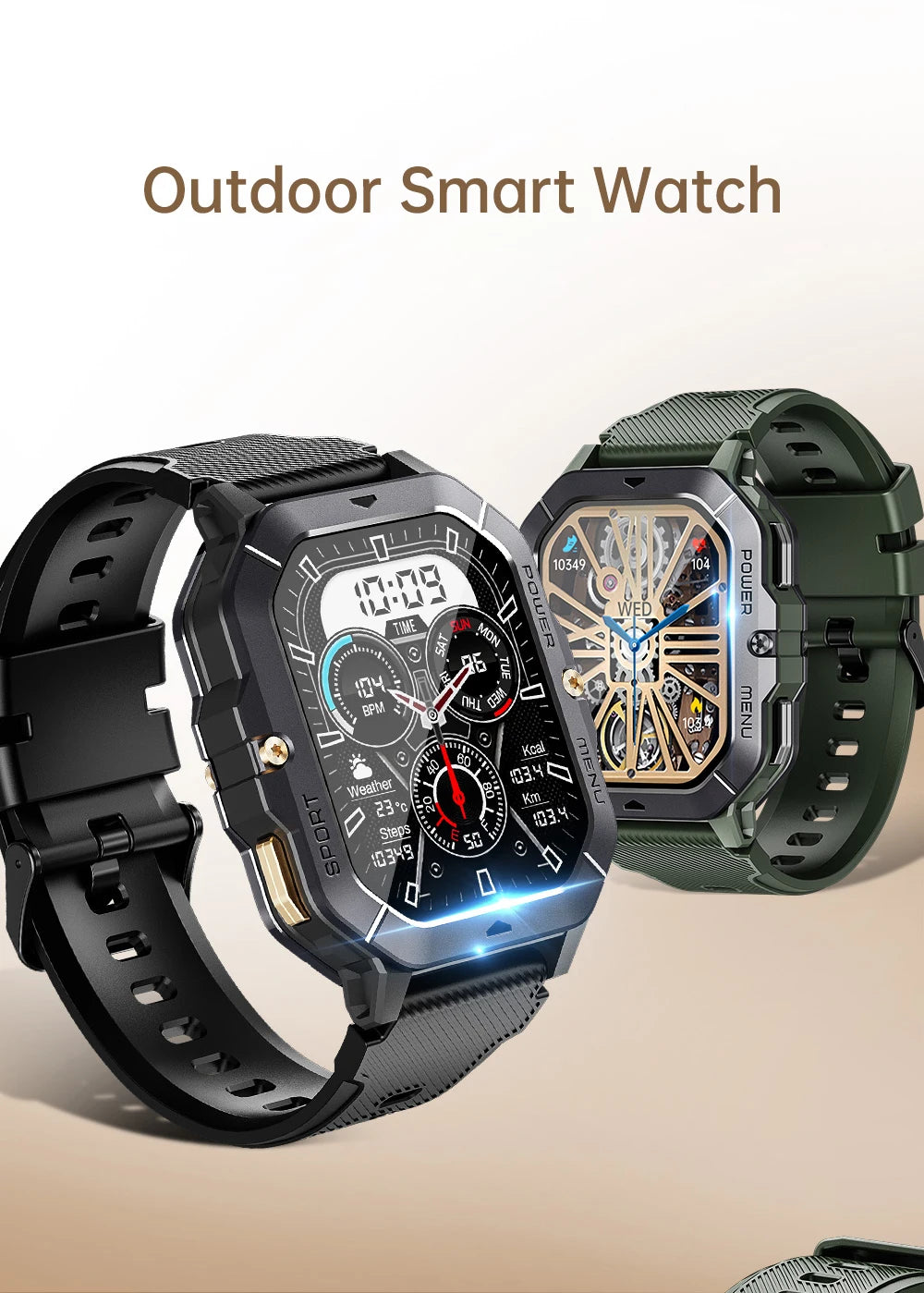 Reloj inteligente con Bluetooth de 2,02 pulgadas para hombre y mujer, batería de 410 mAh, resistente al agua hasta 1 ATM, monitor de ritmo cardíaco y salud, para deportes al aire libre