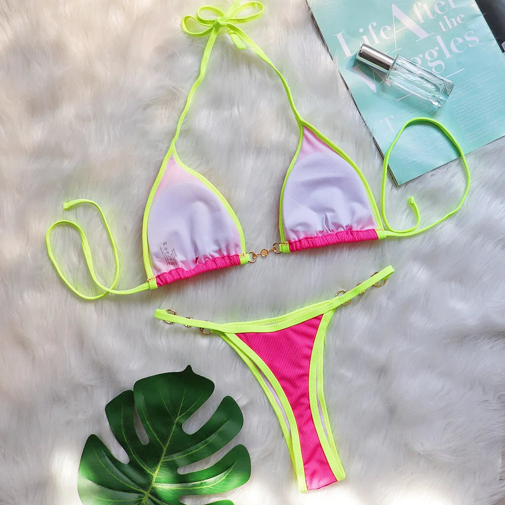 Bikini sexy con cuello halter y perlas para mujer, traje de baño femenino de dos piezas con ribete acanalado