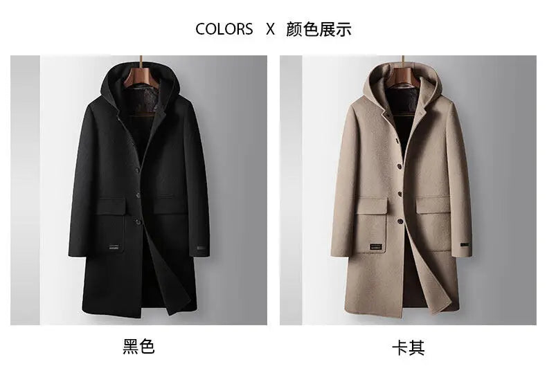 2024 Winter New Men's Hoodie Medium Long Woolen Coat Rabbit Plush Thick Warm Casual Coat High end Fabric 100% Pure Wool