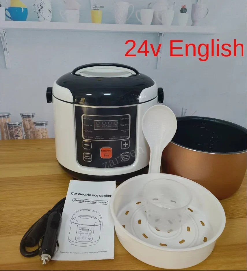 Mini olla arrocera eléctrica de 2 l, olla arrocera portátil para coche, 12 V/24 V, para coche y camión. Menú en inglés/ruso.
