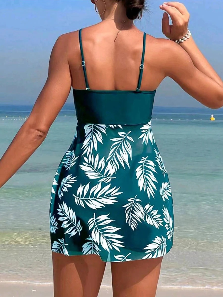 2025 Vestido corto tankini con pantalones cortos traje de baño para mujer traje de baño femenino acolchado estampado traje de baño natación ropa de playa verano