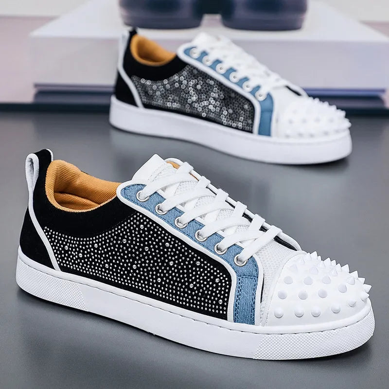 Zapatos casuales CL de suela roja para hombre, con remaches, para discoteca, zapatillas deportivas bajas, transpirables, de tacón plano, para suelo de cemento.
