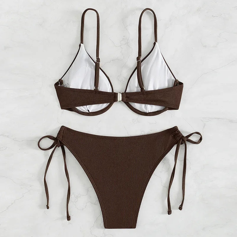 Bikini sexy fruncido sin espalda para mujer, con tirantes de color puro, soporte de acero, traje de baño separable, moda 2024, nuevo modelo, gran oferta