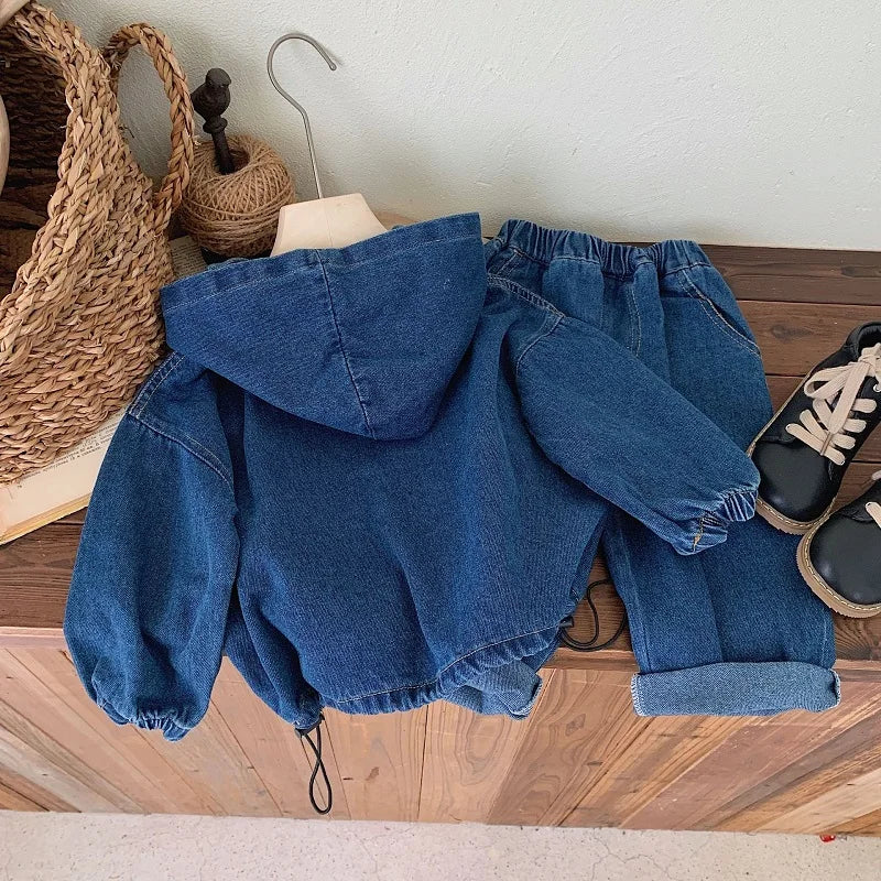 Ropa para niños Primavera y Otoño, sudadera con capucha de mezclilla para niño, conjunto de pantalón y top de manga larga de color liso Baoyang para mujer