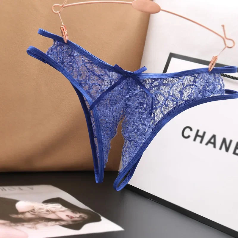 Lencería sexy para mujer, bragas transparentes con abertura en la entrepierna, tangas con lazo, ropa interior de encaje para mujer