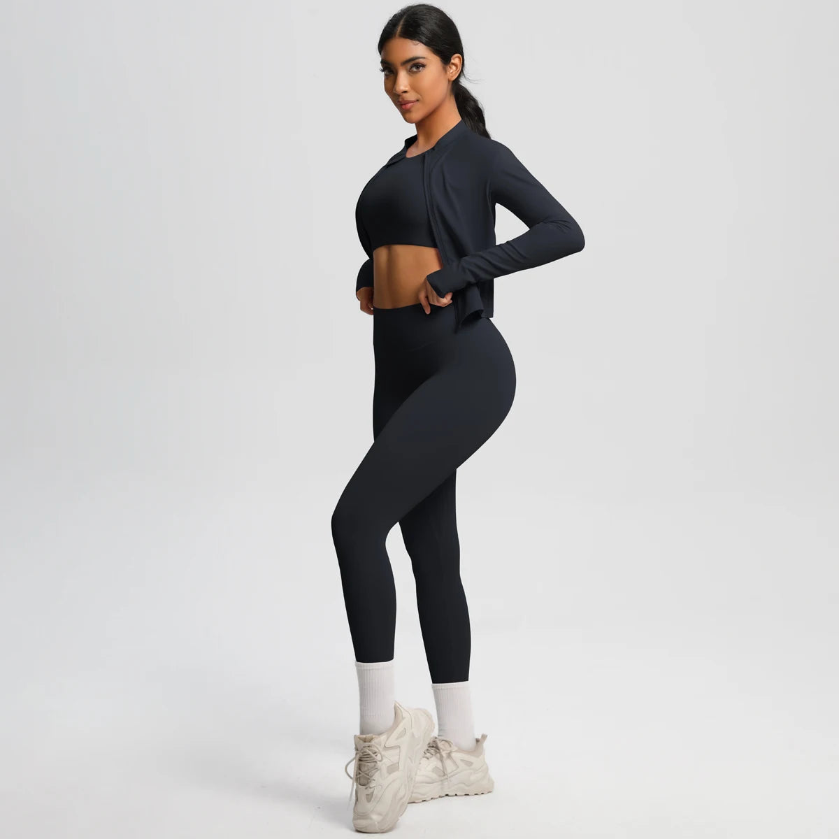 Conjunto de leggings de yoga, top deportivo con cremallera y manga larga, transpirable, para correr al aire libre, pantalones de yoga ajustados e informales, ropa de fitness