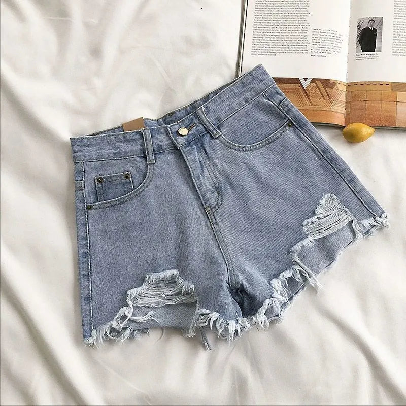 Pantalones cortos vaqueros coreanos de verano para mujer, moda informal, cintura alta, rotos, con bolsillos y borlas, estilo Y2K, ropa de calle, pantalones azules