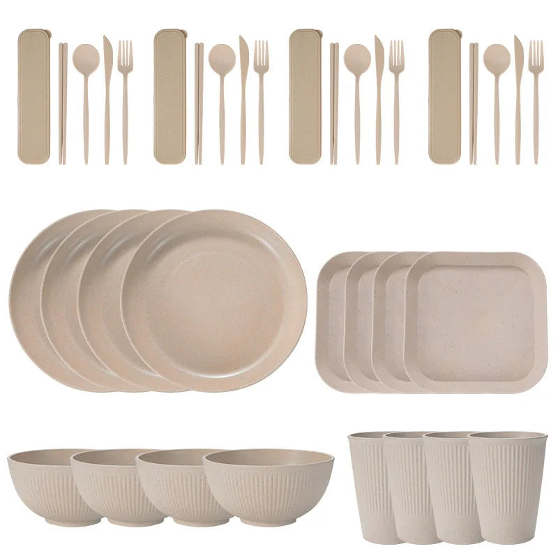 Juego de 36 platos de paja de trigo ecológicos para ramen, vajilla para cena, juego de vajilla para acampar con cuchillo, tenedor y cuchara.