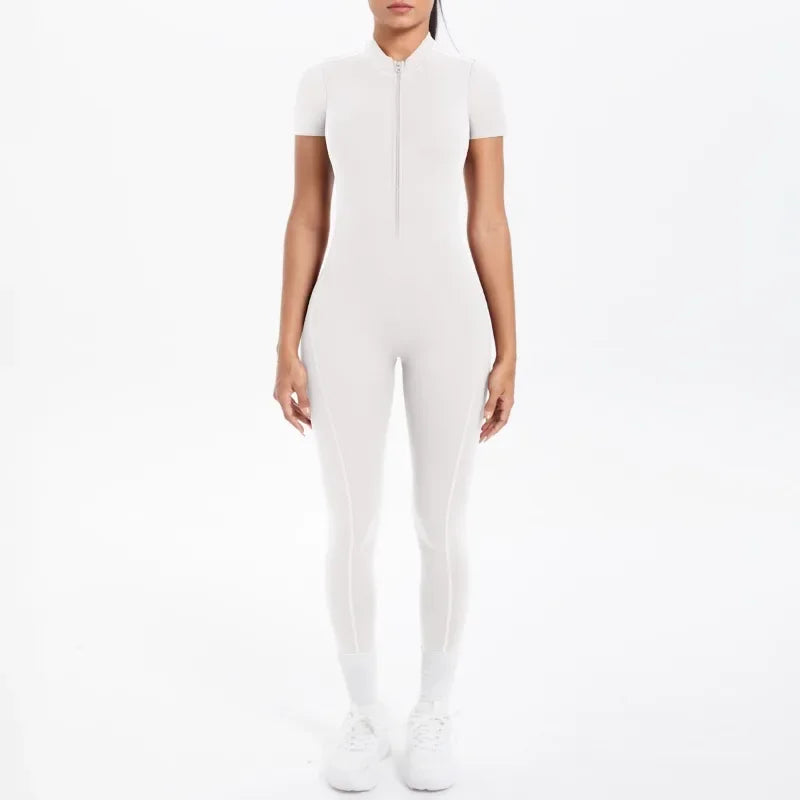 Mono deportivo de yoga sexy con cremallera frontal, espalda descubierta, manga corta, pantalones cortos, ropa deportiva para fitness, correr, gimnasio, yoga y actividades deportivas para mujer.
