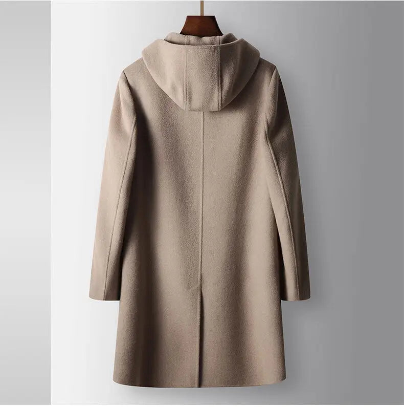 2024 Winter New Men's Hoodie Medium Long Woolen Coat Rabbit Plush Thick Warm Casual Coat High end Fabric 100% Pure Wool