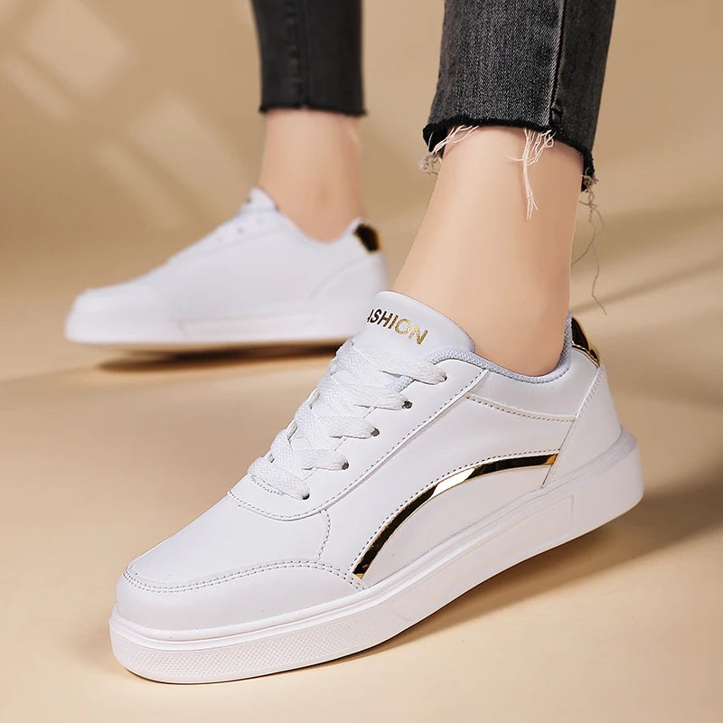 Zapatos blancos planos para mujer, informales, con cordones, de piel sintética, suela gruesa, de lujo, para exteriores