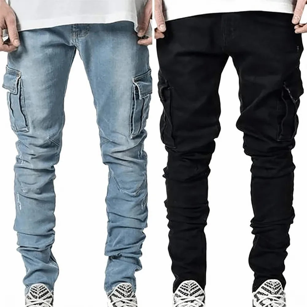 Pantalones vaqueros elásticos de calle para hombre, pantalones cargo de mezclilla lavados, de color sólido, con múltiples bolsillos, pantalones casuales de cintura media, ajustados, para uso diario, para correr